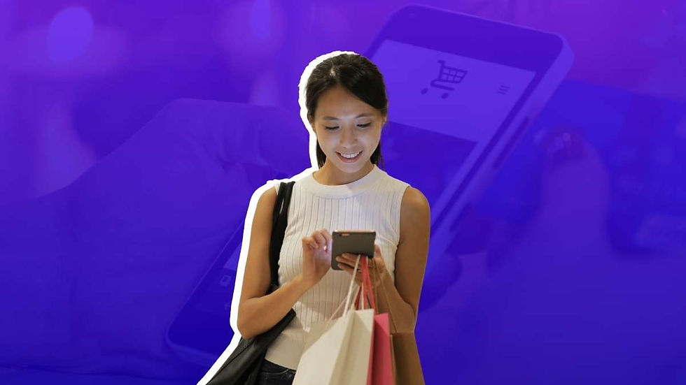 Woman smiling at phone, holding shopping bags against a purple consumer behaviour in marketing background with a faint shopping cart icon. Mood is cheerful.