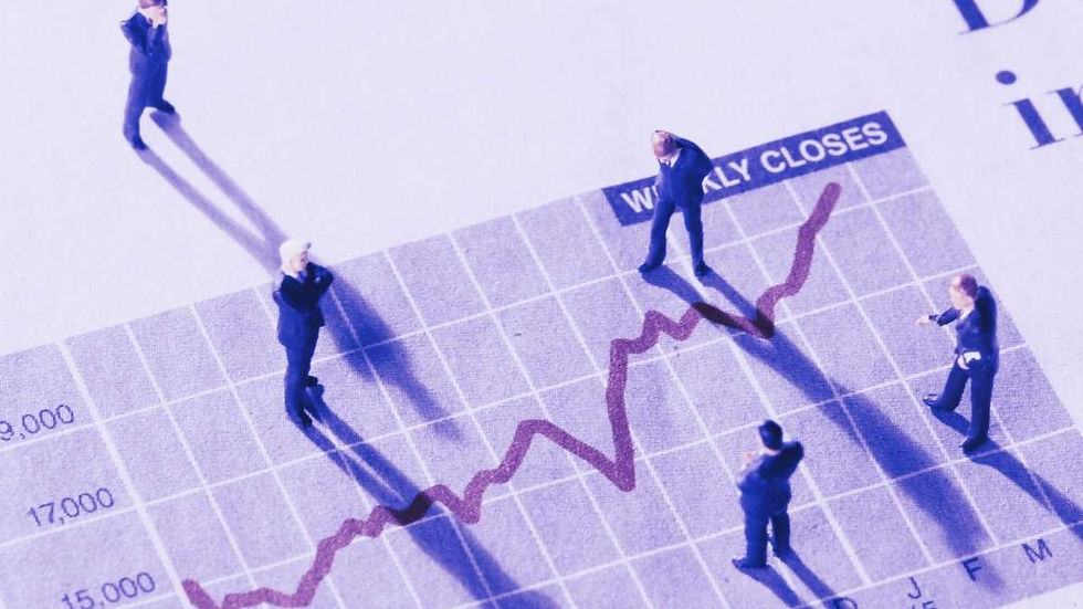 Miniature figures in suits stand on a spreadsheet with a red rising consumer behaviour in marketing graph line labeled "WEEKLY CLOSES," casting long shadows.