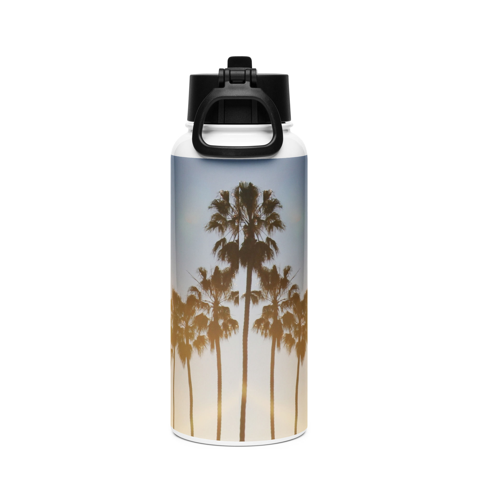 Palm Tree stainless steel water bottle with a straw lid