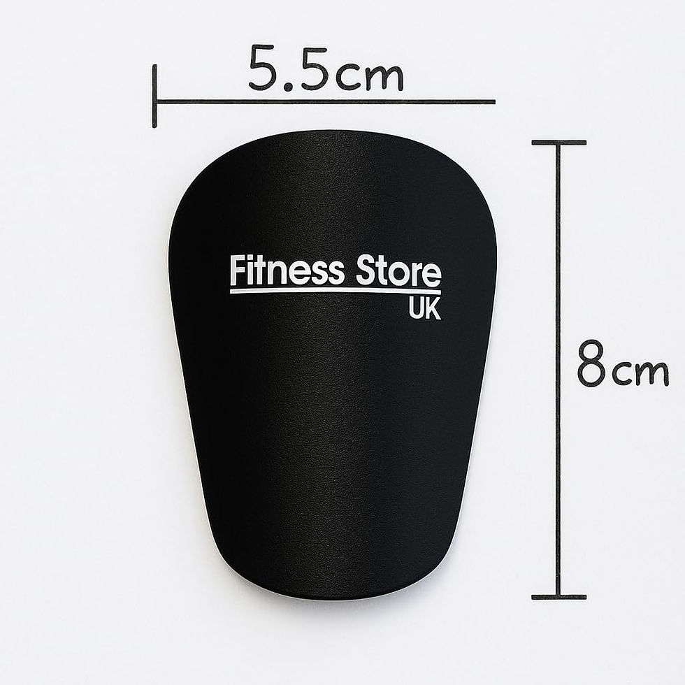 Black mini football shin pad shown with 5.5cm width and 8cm height measurements