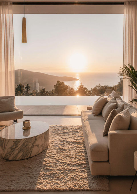 Serenity Crest bedroom featuring a fireplace and expansive ocean views. Minimalist design, natural materials, and soft lighting create a warm, relaxing atmosphere that connects the interior with the coastal landscape.