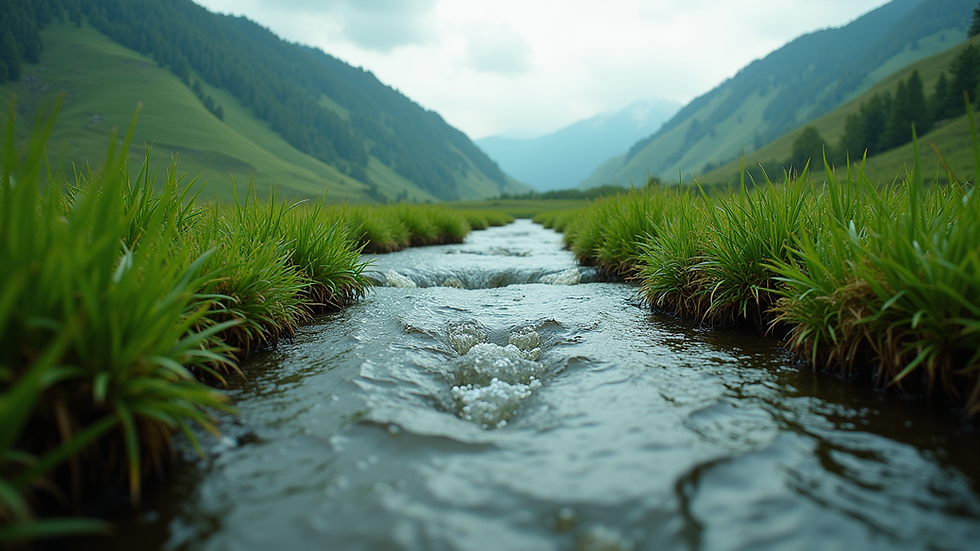 Eye-level view of a tranquil river flowing through lush green hills