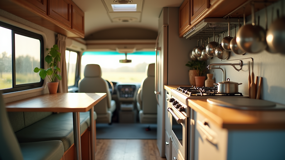 Eye-level view of a well-organized RV kitchen with hanging pots and collapsible furniture