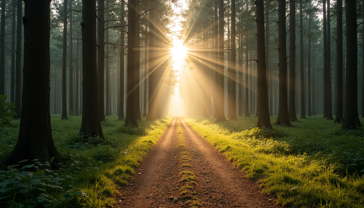 Eye-level view of a quiet forest path surrounded by tall green trees