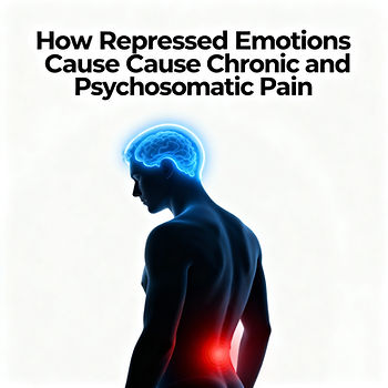 The image visually represents the concept that repressed emotions can lead to chronic and psychosomatic pain. It features a human silhouette with glowing regions around the head and lower back — the head highlighted with blue light symbolizes mental and emotional distress, while the lower back highlighted with red signifies physical pain. The glowing path between these areas visually suggests how unresolved or hidden emotional conflicts can travel from the mind and manifest as discomfort or pain in the body, specifically in areas prone to psychosomatic symptoms. The overall minimalist style reinforces a professional and impactful message, making it clear how the psychological and physical realms are interconnected through this process.