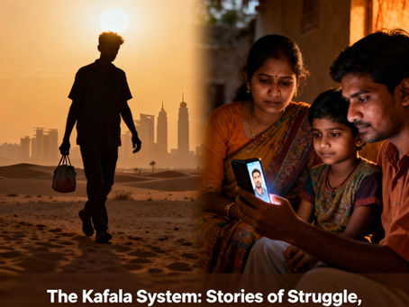 This evocative split-scene image portrays the emotional and psychological journey of migrant workers under the Kafala system—highlighting their harsh labor conditions and the hopeful emotional connections with families in Telangana. Created with insights from Psychologist Goutham, the visual conveys the mental health toll and resilience experienced by migrants and their loved ones.