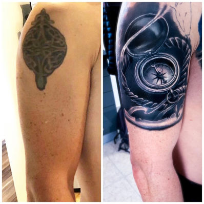 Compass, Cover Up Tattoo, Black and Gray Tattoo, Realistic Tattoo