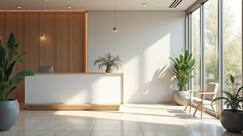 Eye-level view of modern clinic reception area with calming decor
