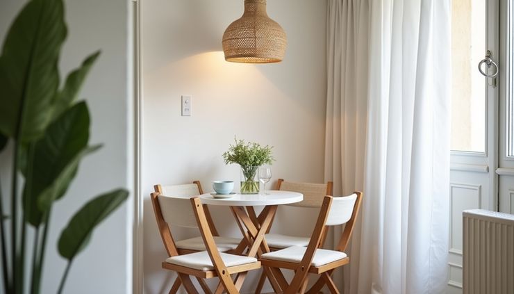 Vue latérale d'un coin repas compact avec table pliante et chaises légères