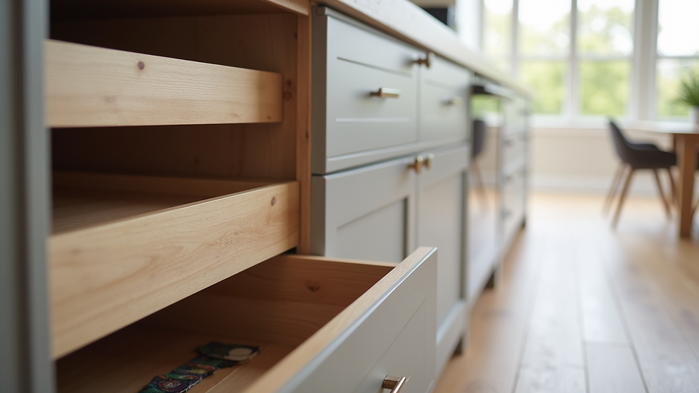 Close-up view of custom kitchen cabinet with pull-out shelves and soft-close drawers