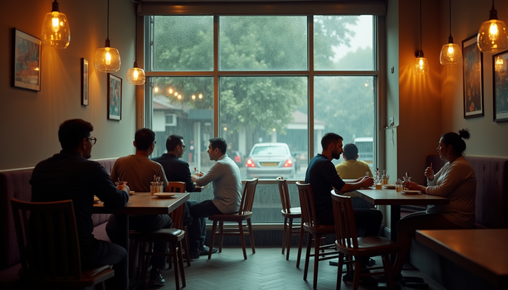 Eye-level view of a cozy Mumbai cafe with rain visible through the window