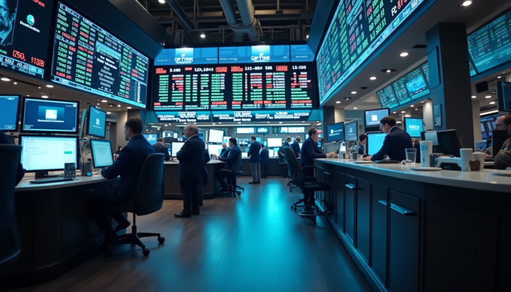 Eye-level view of a stock exchange trading floor with digital price boards displaying market data