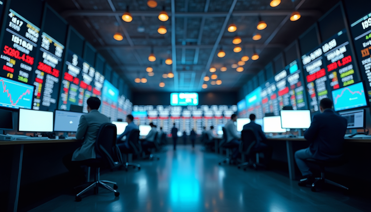 Eye-level view of a large stock exchange trading floor with multiple digital stock tickers
