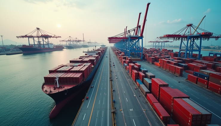 High angle view of a busy international shipping port with containers and cranes