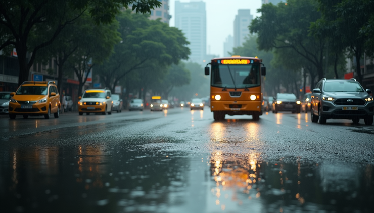 Eye-level view of a flooded street in Mumbai with vehicles navigating through water