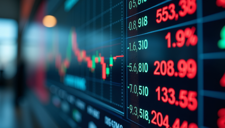 Eye-level view of a stock market ticker displaying various company symbols and prices