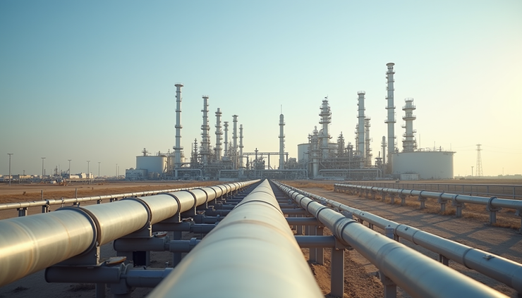 Eye-level view of an oil refinery complex in the Middle East with multiple pipelines and storage tanks