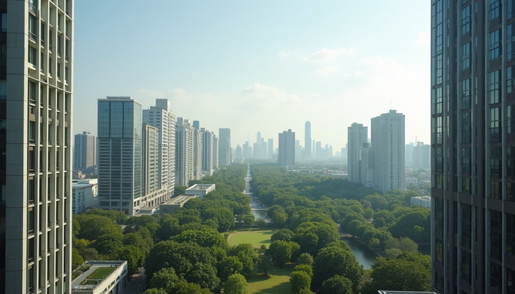 Eye-level view of a modern city skyline with diverse buildings and green spaces