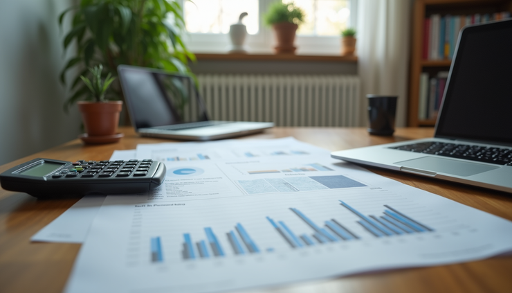 Eye-level view of a well-organized home office with financial planning documents and a calculator