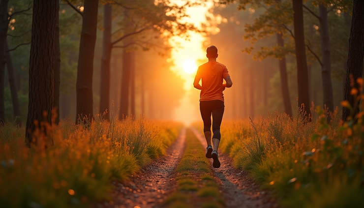 Eye-level view of a person jogging on a forest trail during sunrise