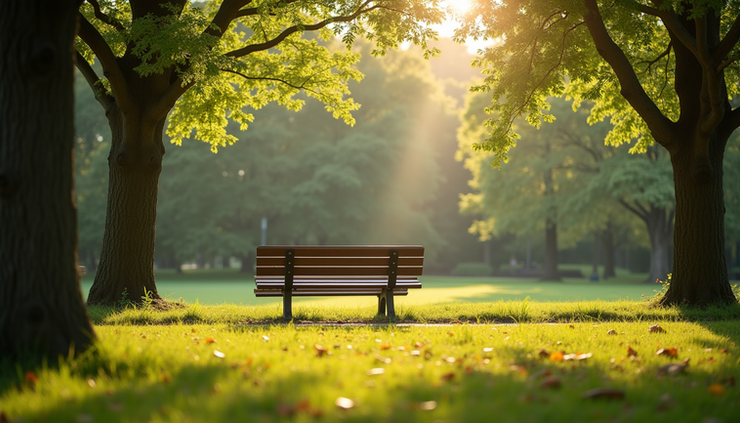Eye-level view of a peaceful park bench surrounded by green trees and soft sunlight