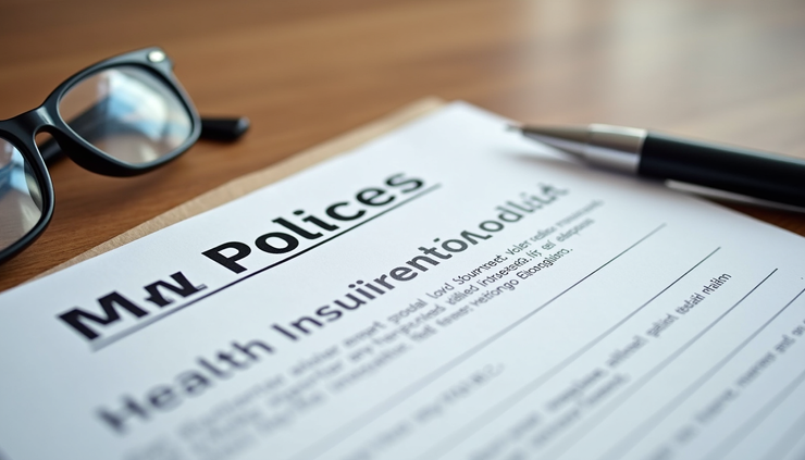 Eye-level view of a health insurance policy document on a wooden table