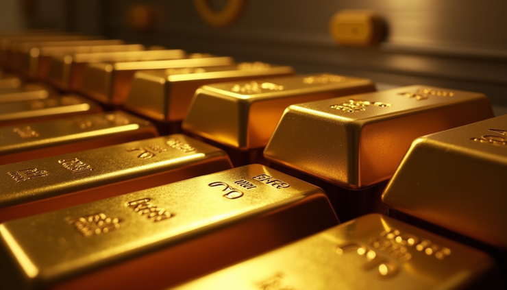 Close-up view of stacked gold bars reflecting light in a secure vault