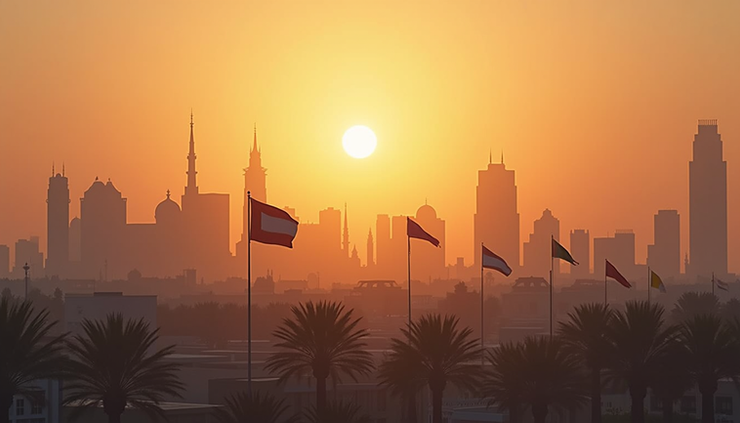 Eye-level view of a Middle Eastern city skyline with flags and diplomatic buildings