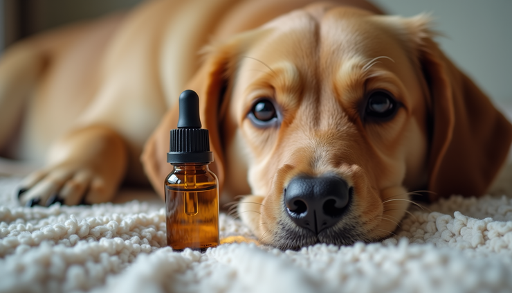 Close-up view of a small amber bottle of essential oil next to a relaxed dog lying on a soft blanket