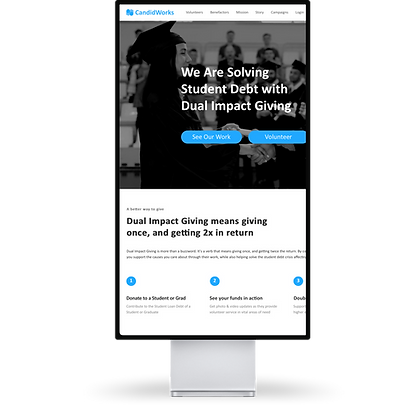Website homepage of 'CandidWorks' with a headline 'We Are Solving Student Debt with Dual Impact Giving'
