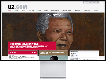 Official U2 website homepage featuring a prominent announcement for 'ORDINARY LOVE ON VINYL', a limited edition release for R