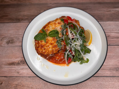 Plated Chicken Parm with Salad