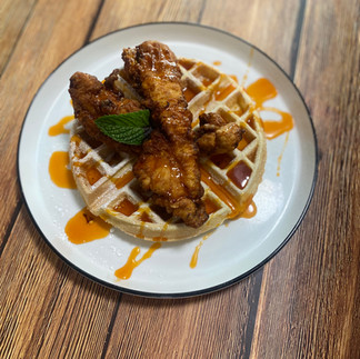 Plated Chicken and Waffles.
