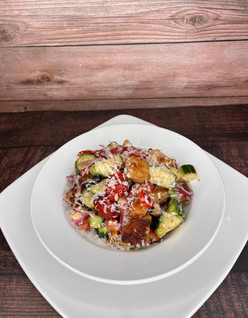 Plated panzanella salad.