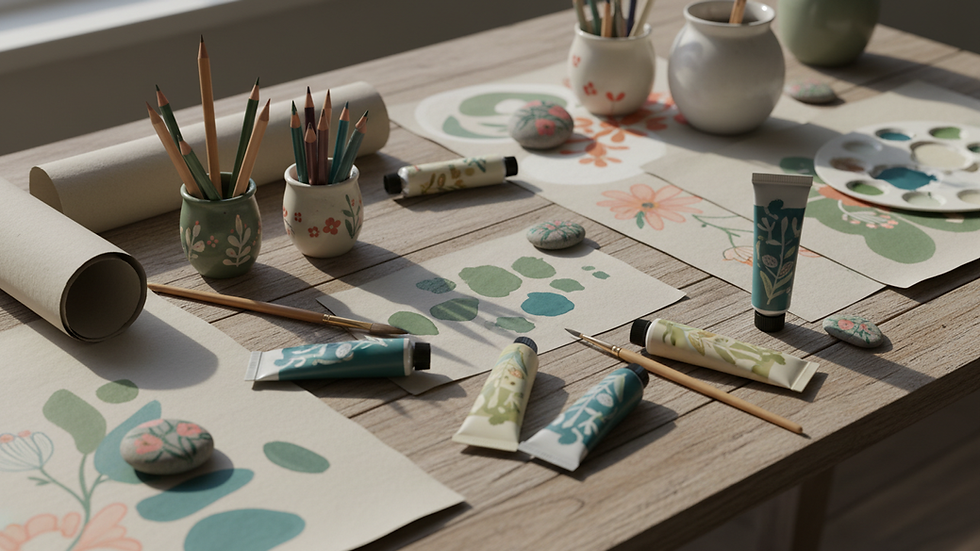 eye-level view of colorful art supplies on a wooden table