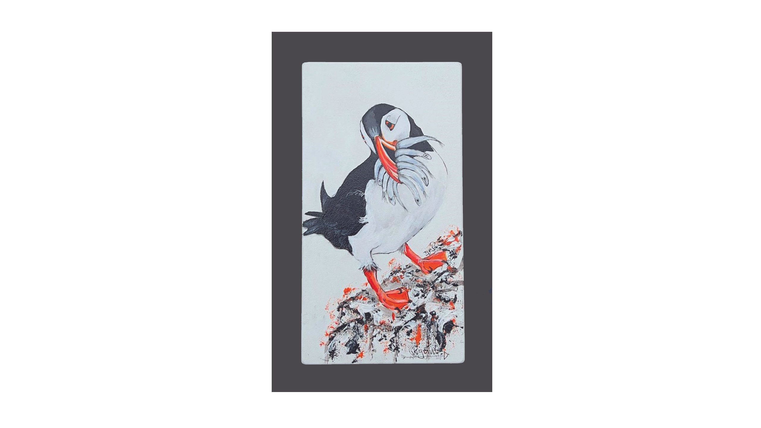 Acrylic painting of a Puffin seabird mounted on a black board