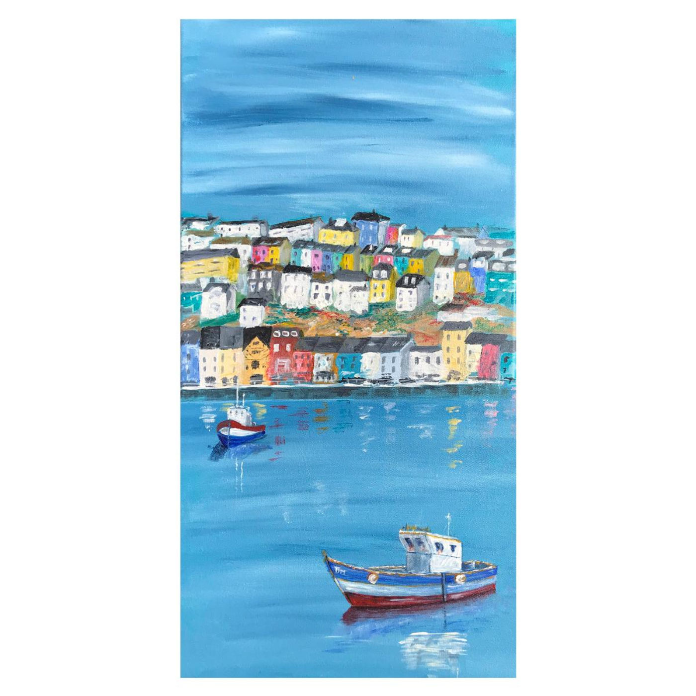 bright painting of brixham harbour with boats and cottages on the coastline behind
