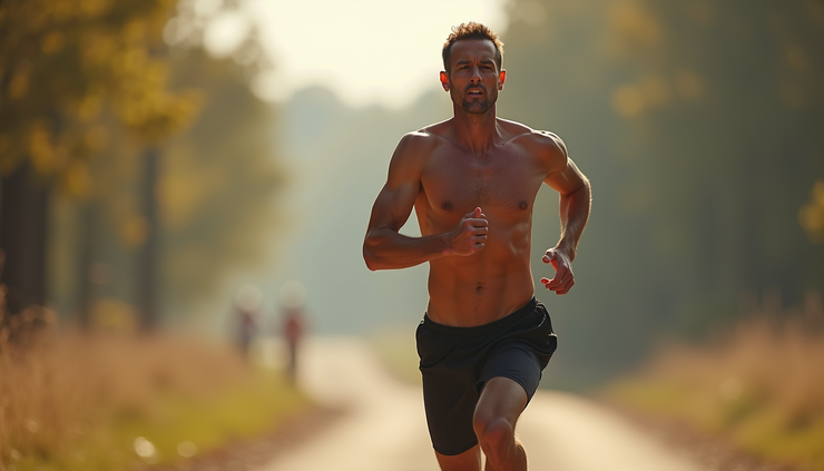 Eye-level view of a runner with a flared rib cage running on a trail