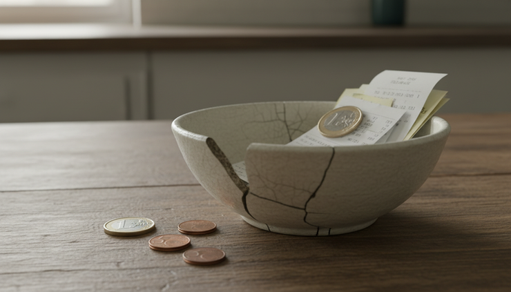 Eye-level view of a cracked ceramic bowl holding coins and folded receipts.