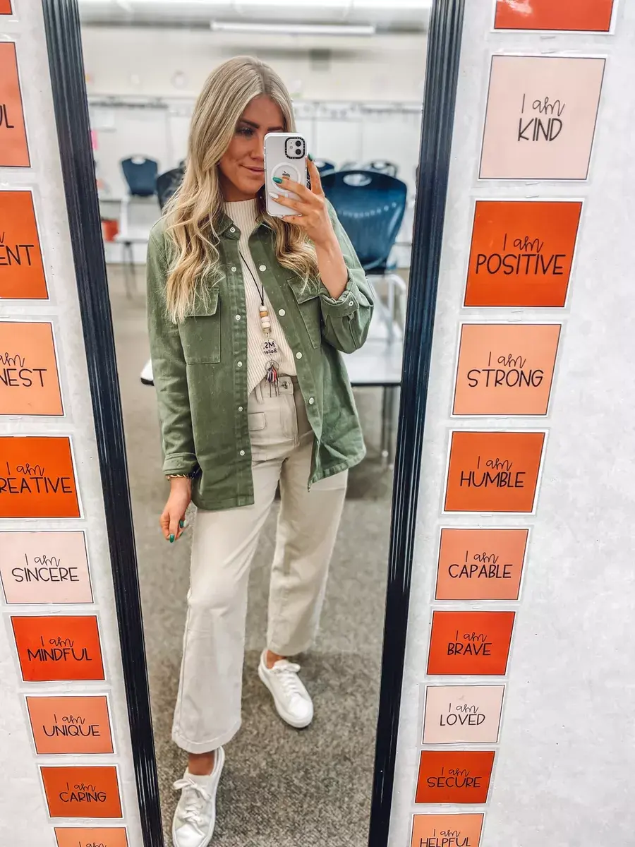 teacher outfit green jacket pants