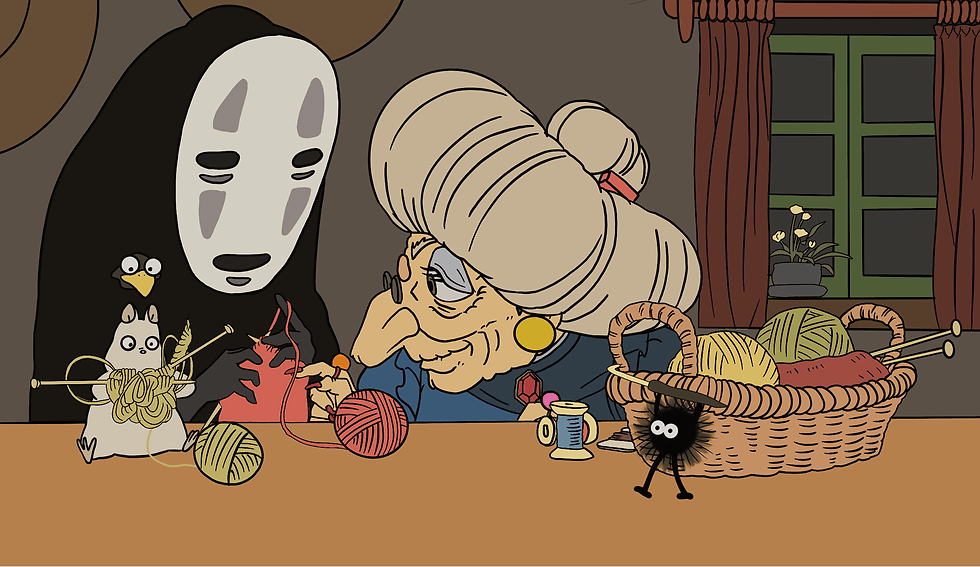 Escena de la película El Viaje de Chihiro en la que se ve a una anciana enseñando a hacer punto a un señor con una máscara, un pájaro y un ratón, y una mota de polvo lleva un ganchillo y se mueve por la escena