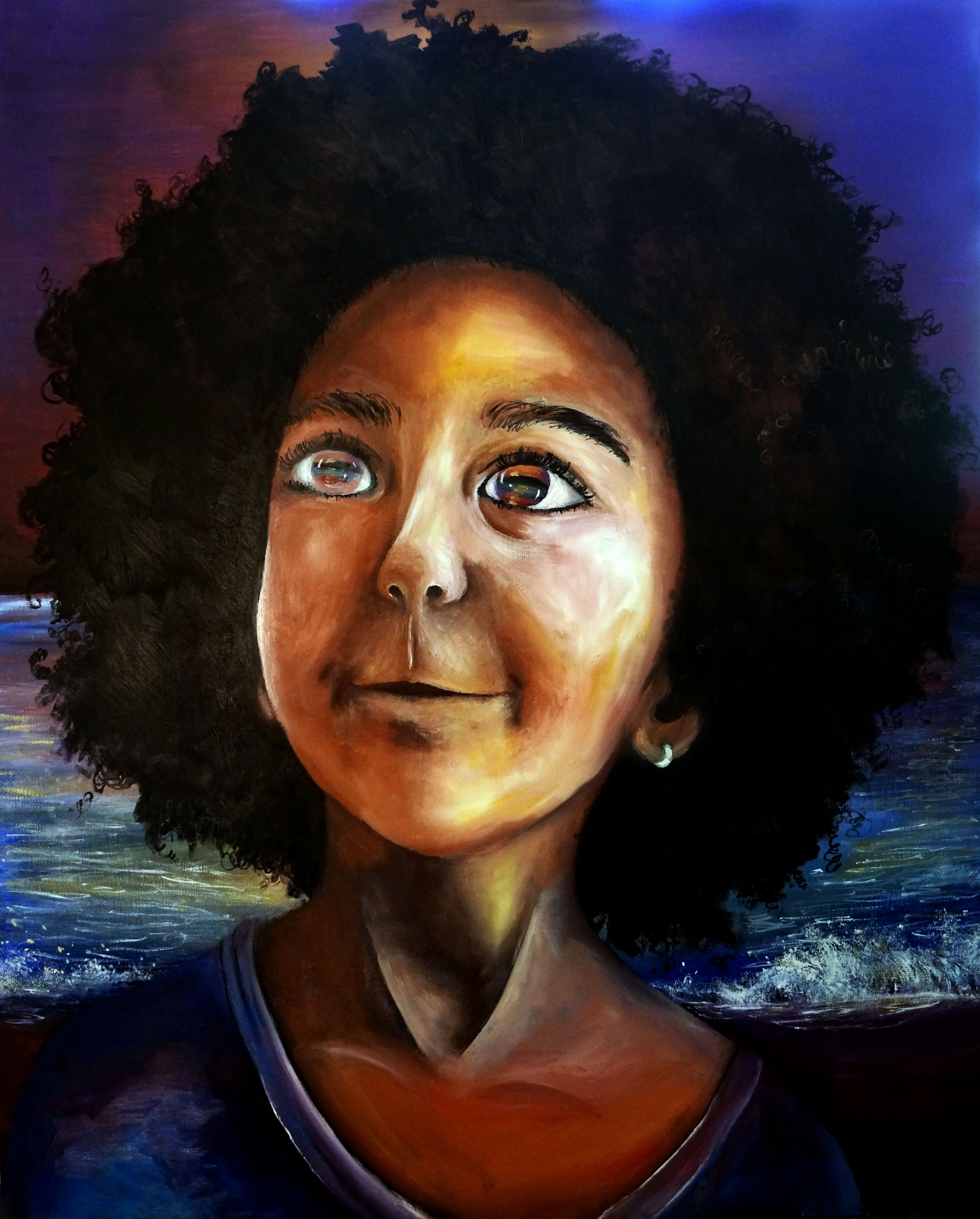 large big surreal african american girl black afro portrait painting 24x30