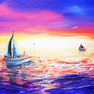 purple and pink sunset with sailboats in water oil painting