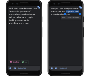 An Android phone displays real-time captioning via Live Transcribe