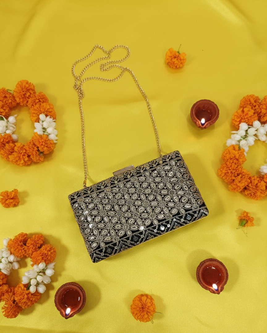 Black & Gold Embellished Party Clutch (BlSq)