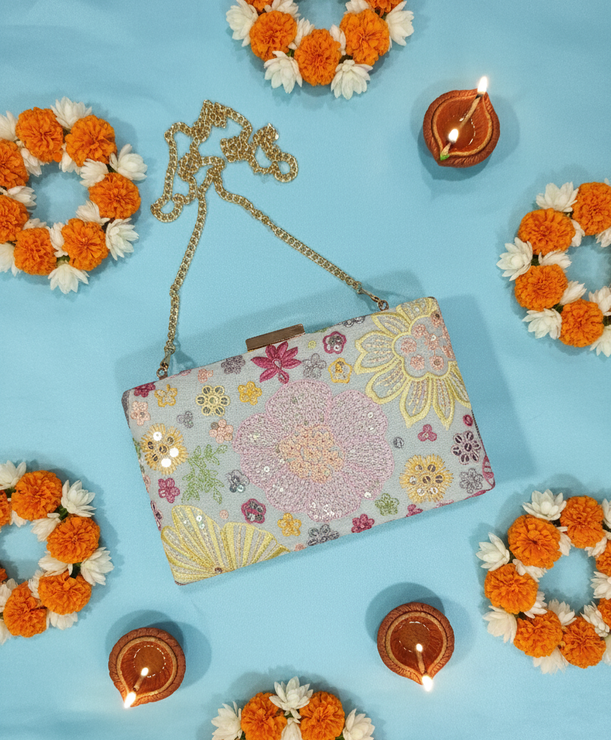 Pastel Floral Embroidered Clutch (McSq)