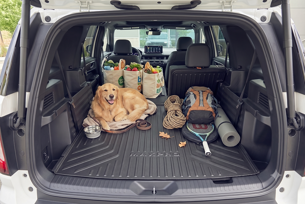 Golden retriever lying in SUV cargo area beside groceries, a duffel, rope, and tennis racket; MAXPRO mat visible.