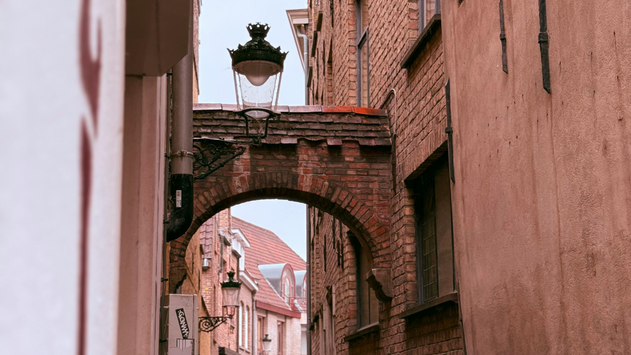 A charming alley in the old town of Bruges, Belgium