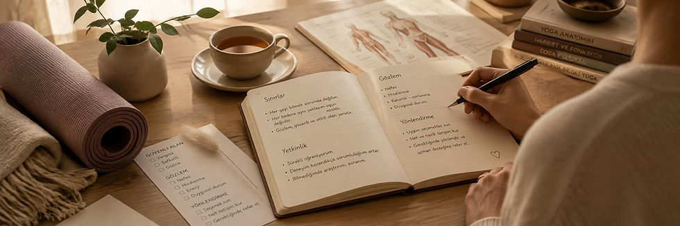 Not defteri ve ders materyalleriyle çalışan yoga eğitmeni; yetkinlik, planlama ve sorumluluk temalı iç yazı görseli