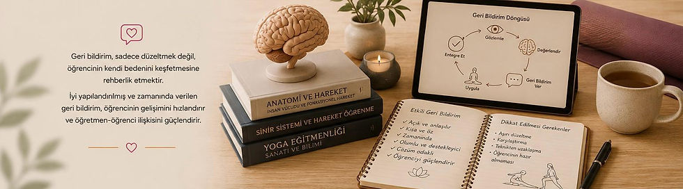 Yoga eğitmenliğinde geri bildirim süreci, motor öğrenme ve etkili öğretim ilkelerini anlatan eğitim görseli.